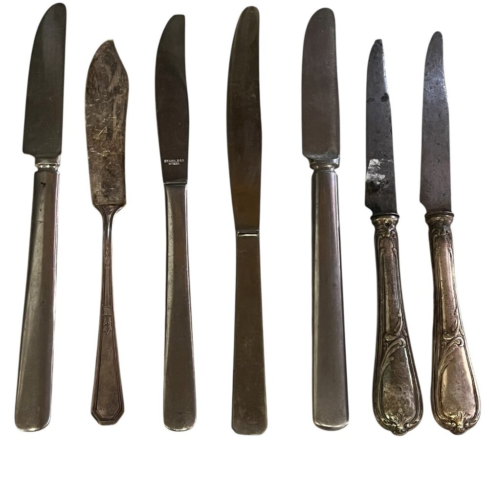 Vintage French Knife Set Mixed Lot Of 7 Stainless Steel Silverplate Fish& Dinner